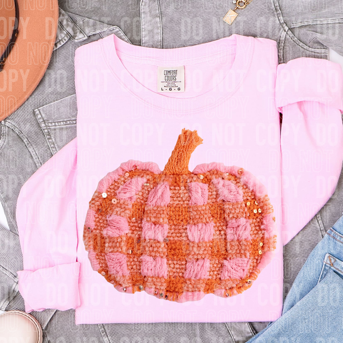 DTF TRANSFER Faux Yarn Pink And Orange Plaid Pumpkin