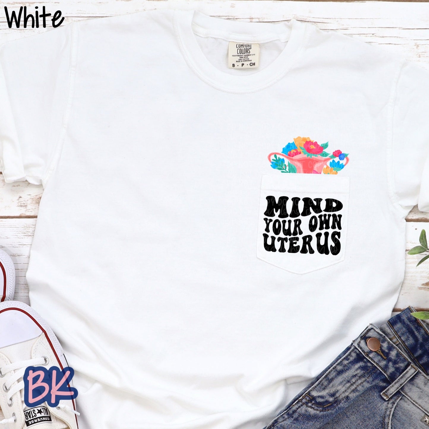 Mind Your Own Uterus White Pocket Tee