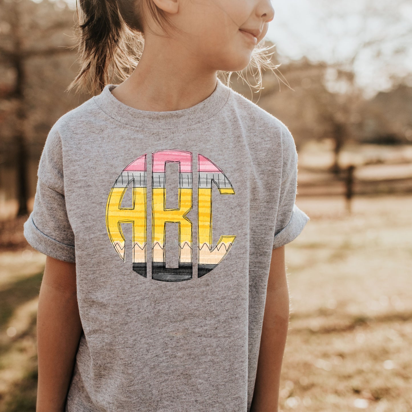 Back to School Pencil Monogram Gray Tee (Youth & Adult)