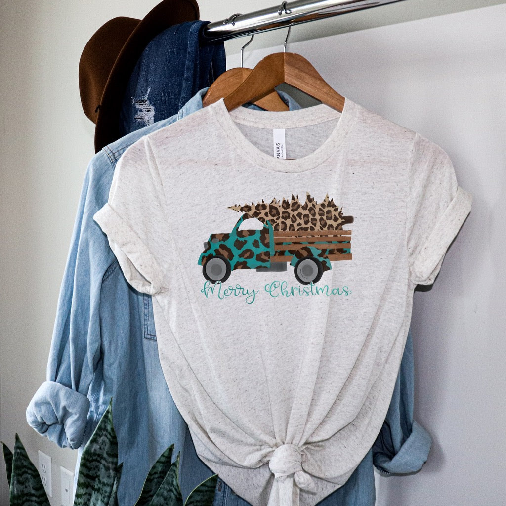 DTF TRANSFER Merry Christmas Teal Leopard Truck