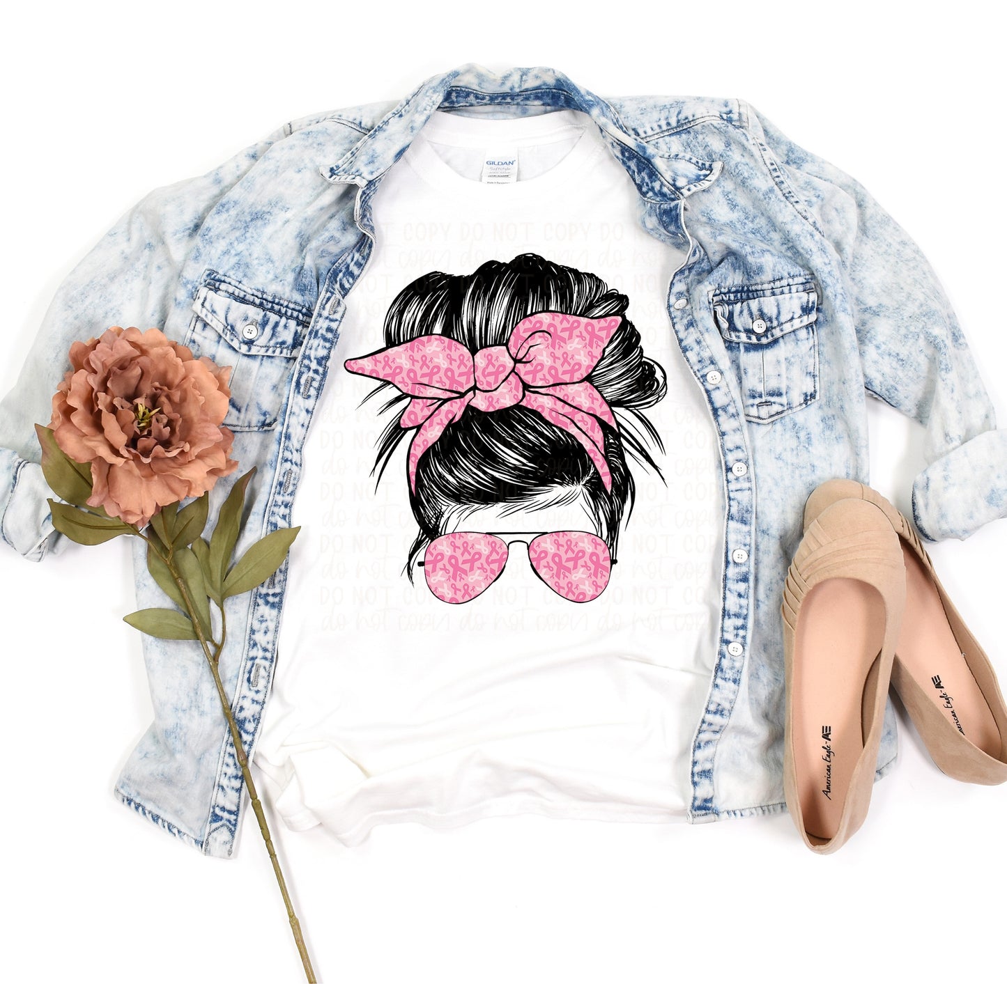 DTF TRANSFER Messy Bun Breast Cancer Awareness