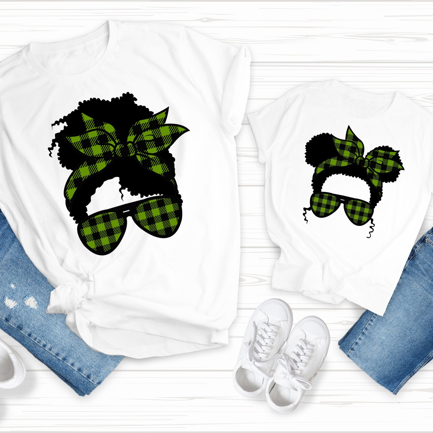 DTF TRANSFER Green Buffalo Plaid Messy Bun
