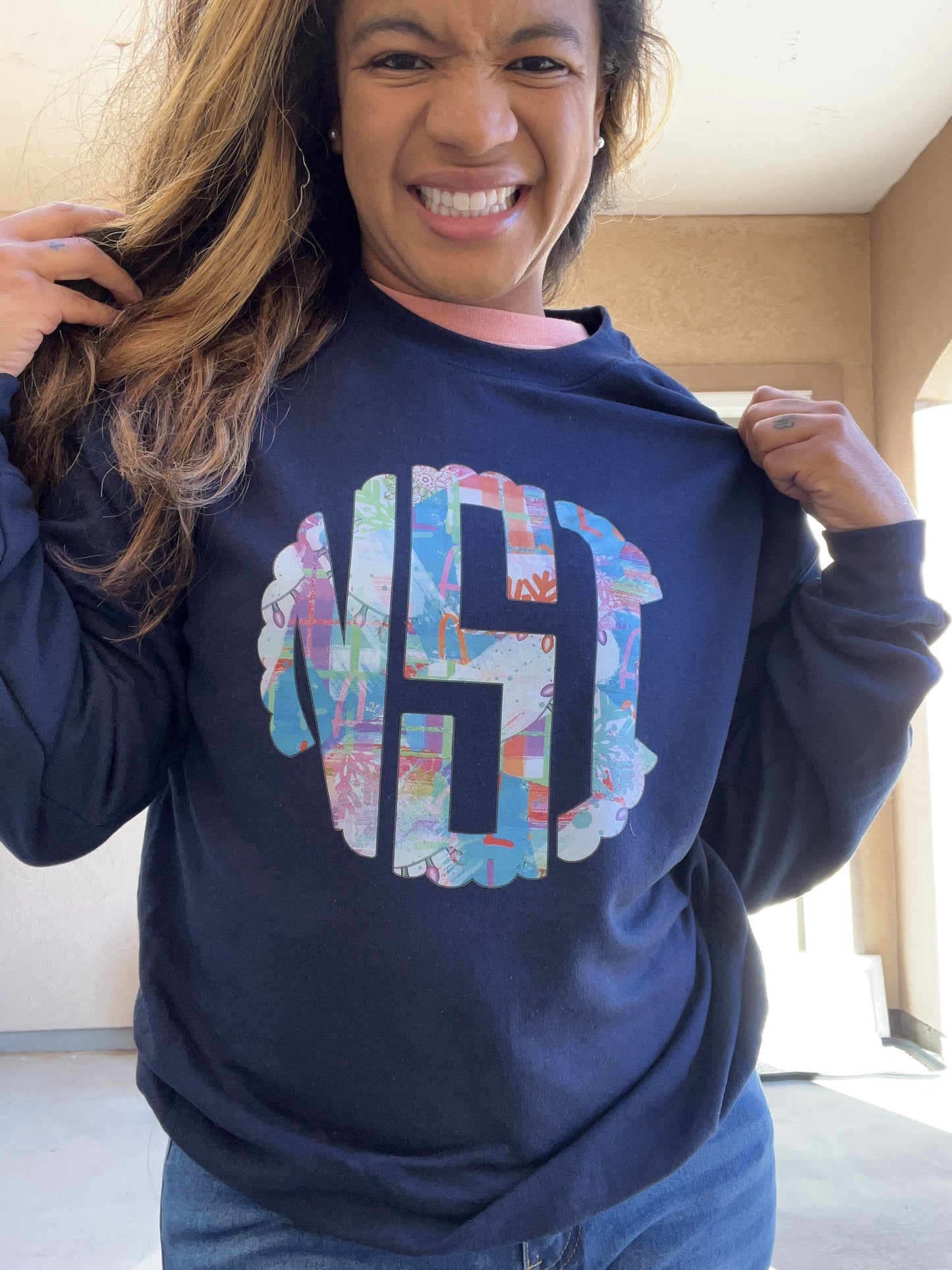 Personalized Christmas Monogram Crew Navy Sweatshirt