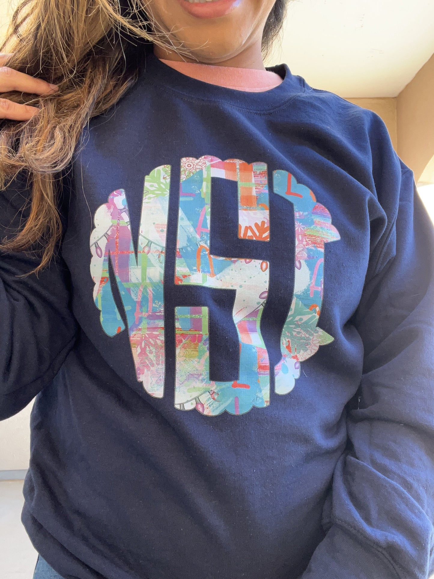 Personalized Christmas Monogram Crew Navy Sweatshirt