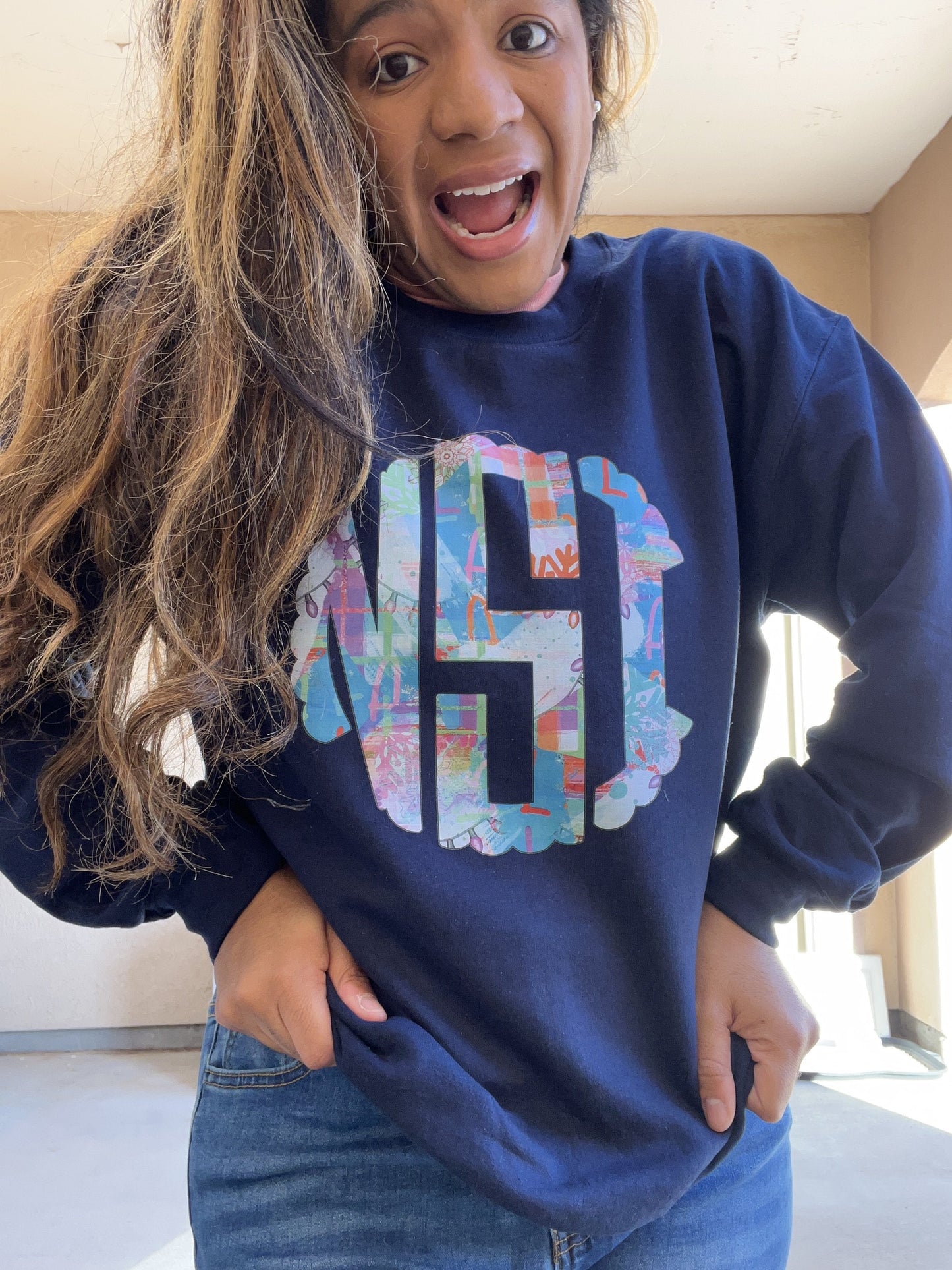 Personalized Christmas Monogram Crew Navy Sweatshirt