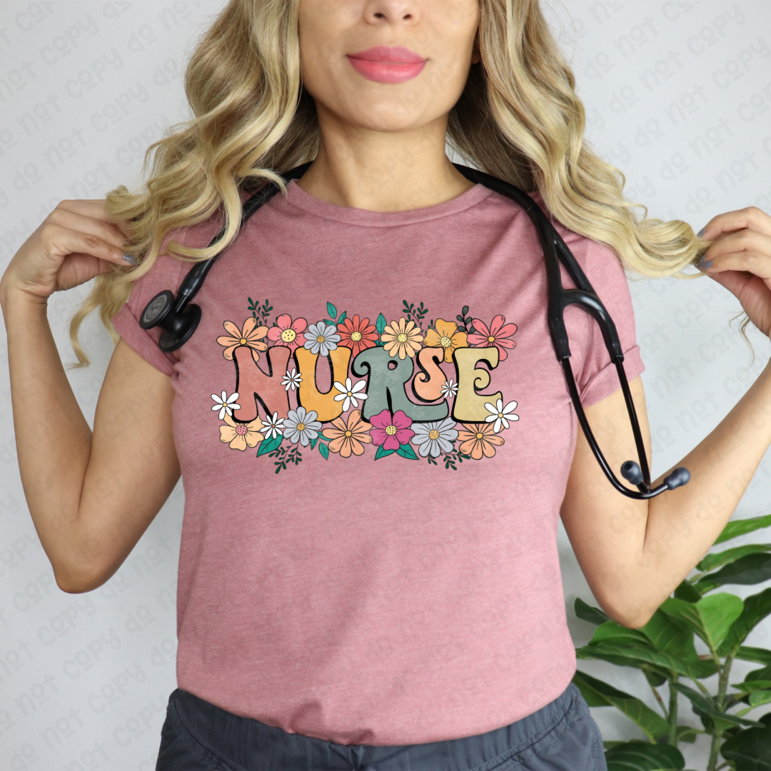 Retro Floral Nurse Heather Mauve Tee