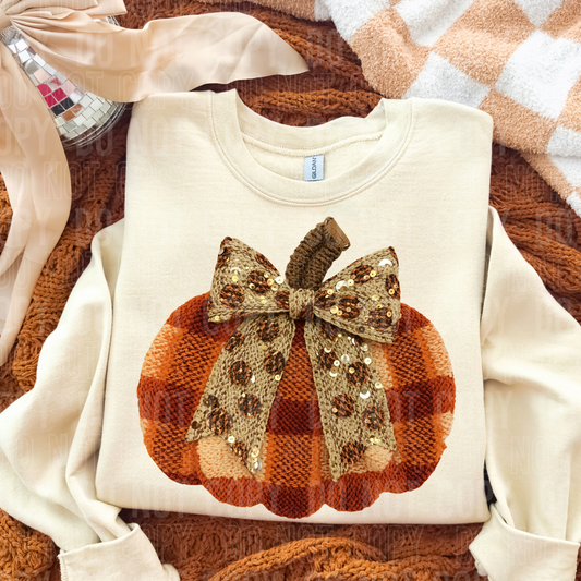 DTF TRANSFER Faux Yarn Sequin Fall Plaid Pumpkin Bow