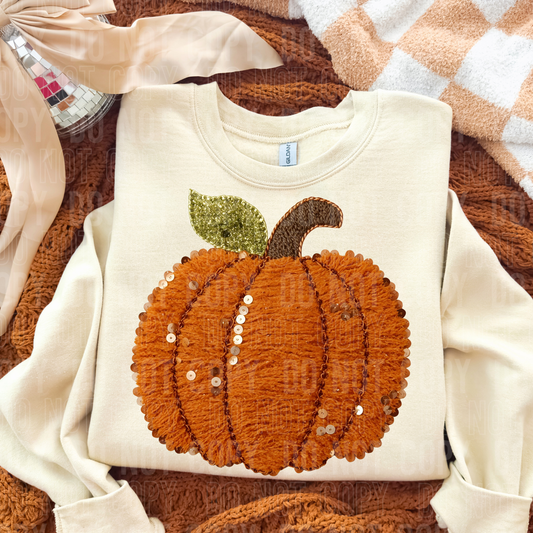 DTF TRANSFER Faux Yarn Sequin Fall Pumpkin