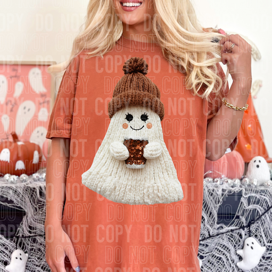 DTF TRANSFER Faux Yarn Ghost Coffee Brown Hat