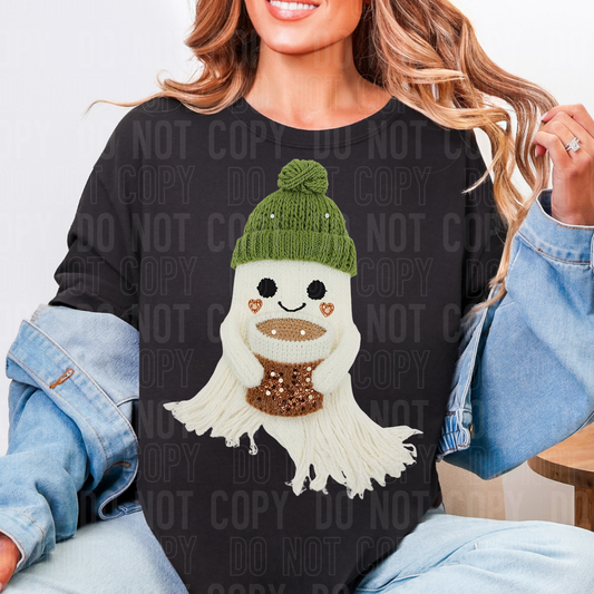 DTF TRANSFER Faux Yarn Ghost Coffee Green Hat