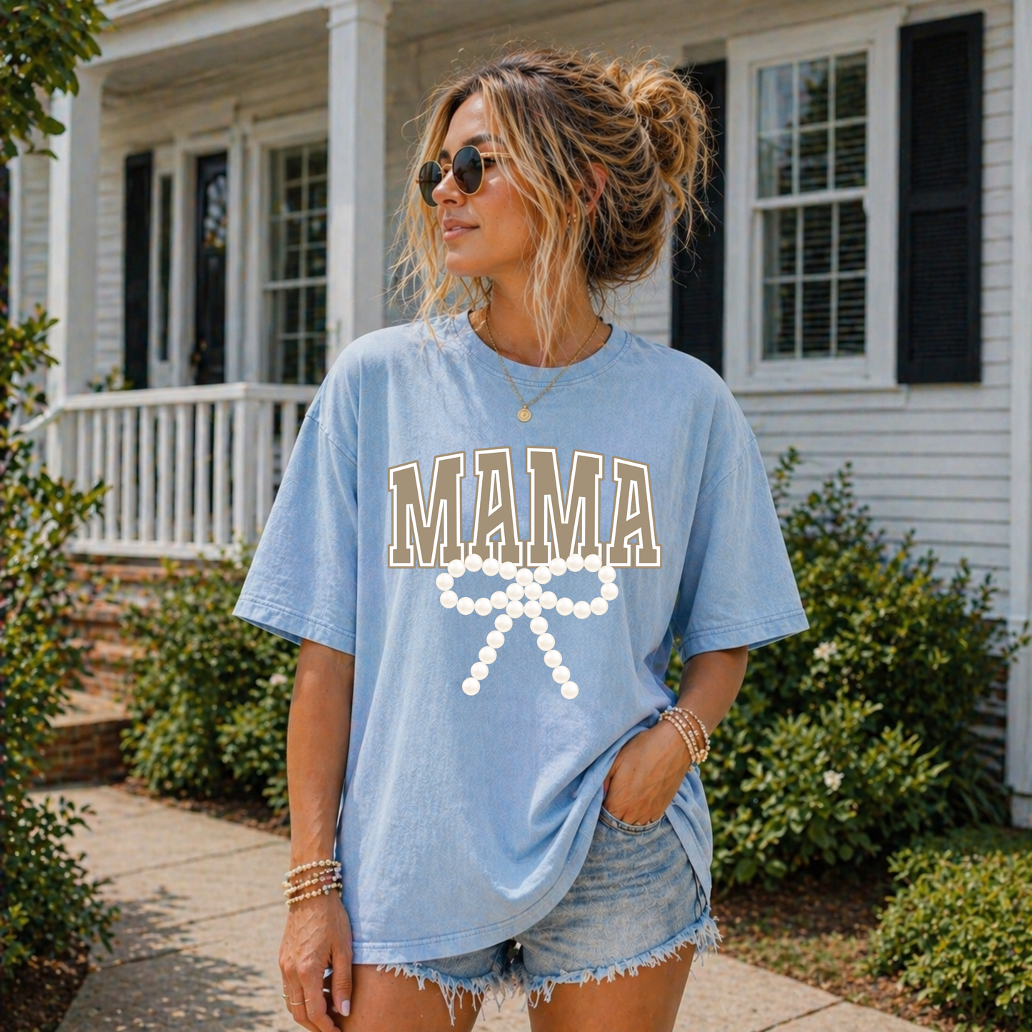 DTF TRANSFER Beige Mama Bow Pearls