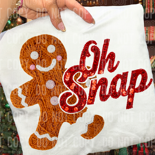 DTF TRANSFER Faux Yarn Sequin Oh Snap Gingerbread