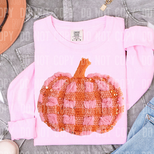 DTF TRANSFER Faux Yarn Pink And Orange Plaid Pumpkin