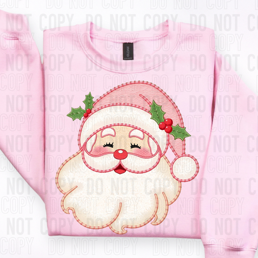 DTF TRANSFER Faux Embroidery Pink Santa