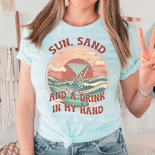 Sun, Sand And A Drink In My Hand Heather Ice Blue Tee