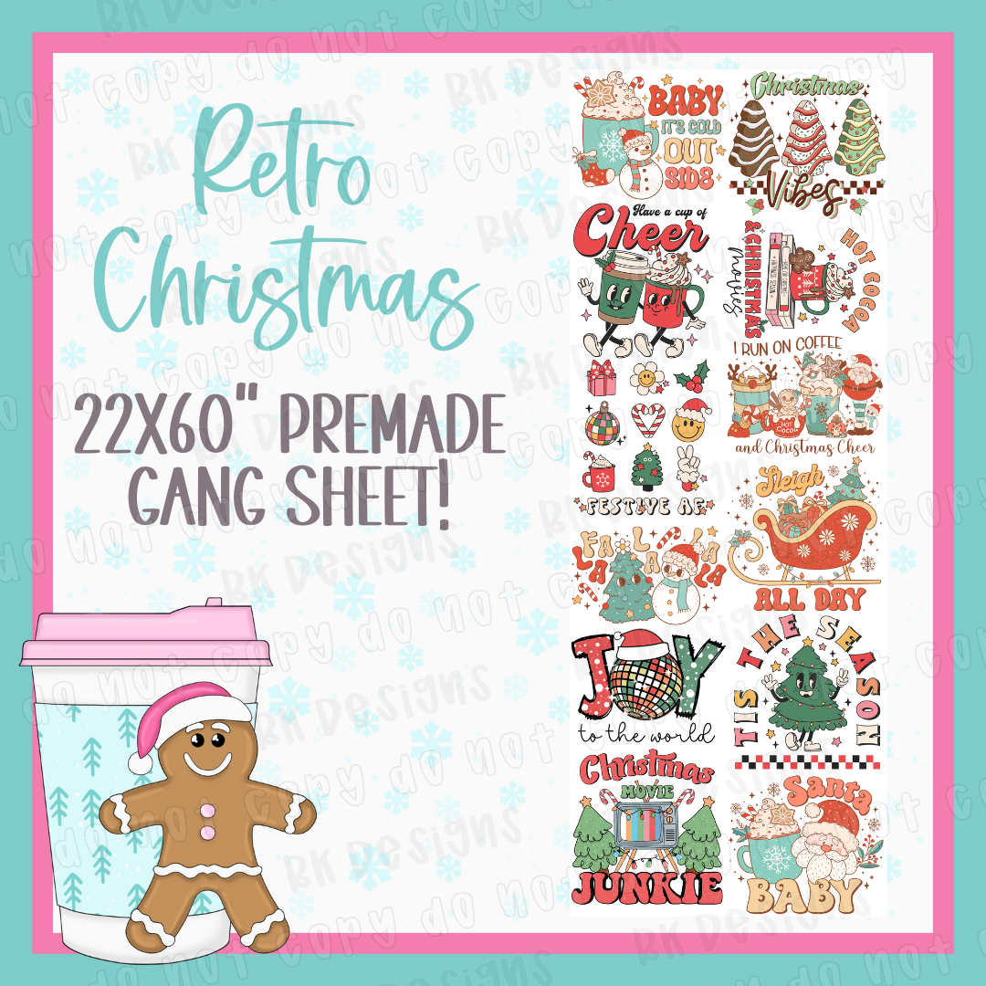 PREMADE GANG SHEET-RETRO CHRISTMAS 22x60