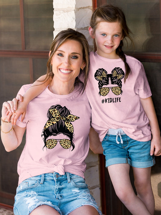 Cheetah Mom Life Messy Bun Pink Tee