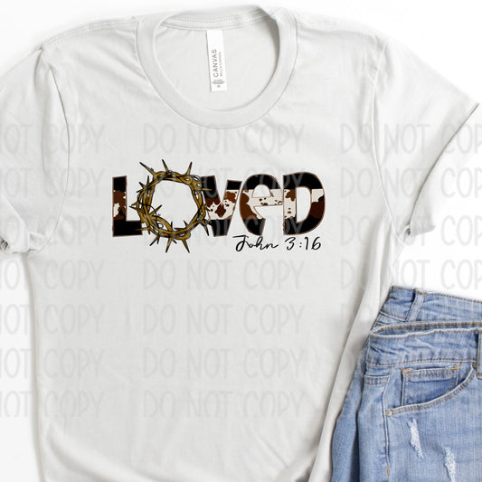 Loved John 3:16 Cow Print Silver Tee