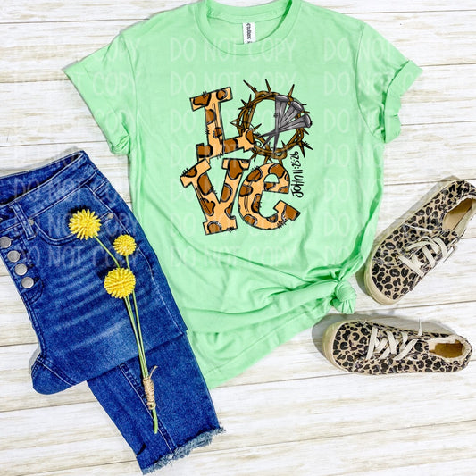 Love John 11:25-26 Leopard Print Mint Tee