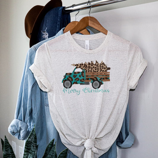 DTF TRANSFER Merry Christmas Teal Leopard Truck