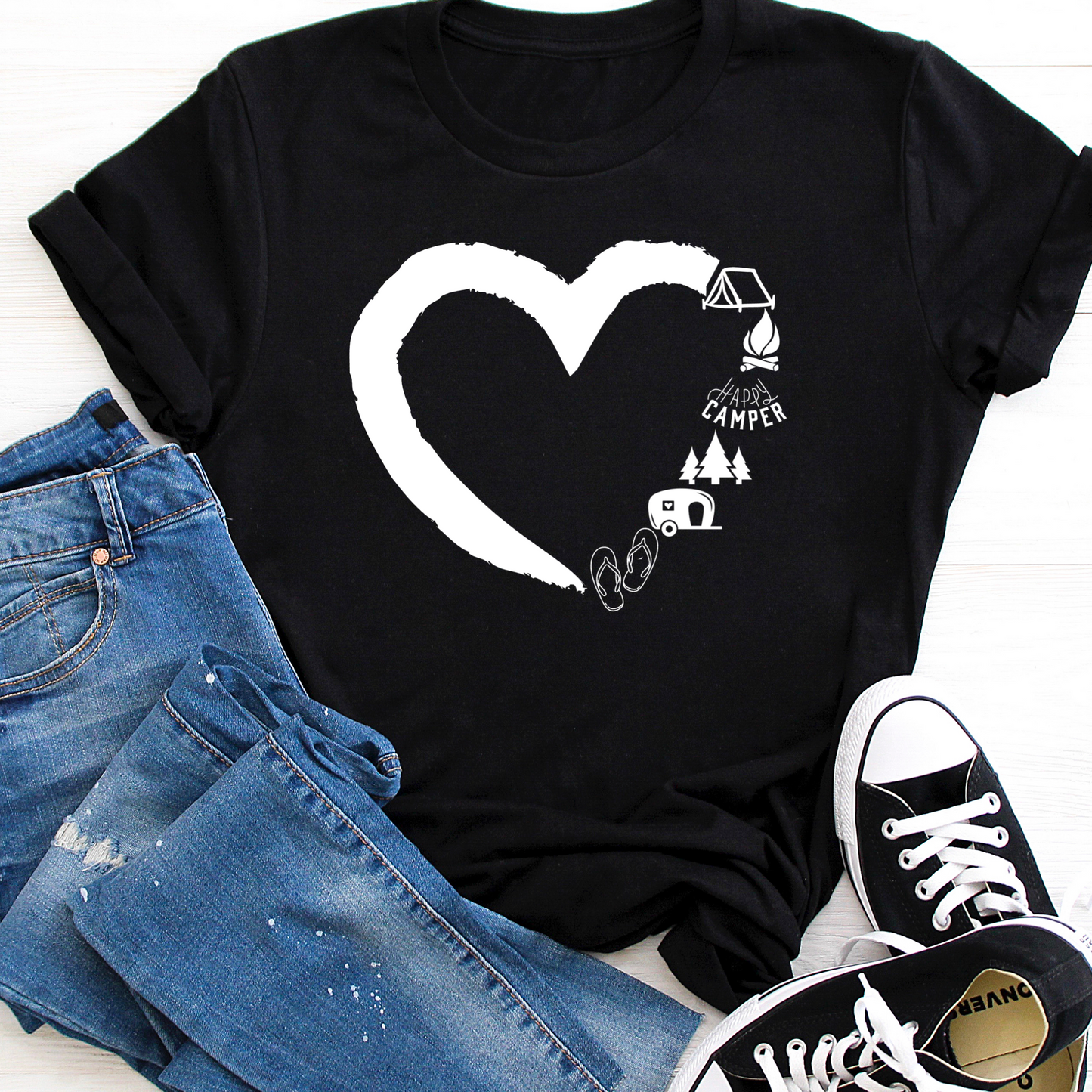 Happy Camper heart black tee