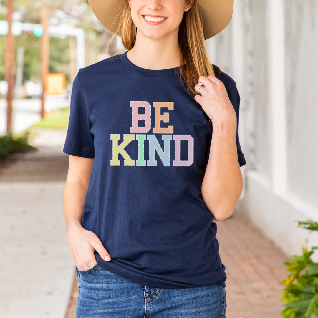 Be kind (faux chenille letters) navy tee